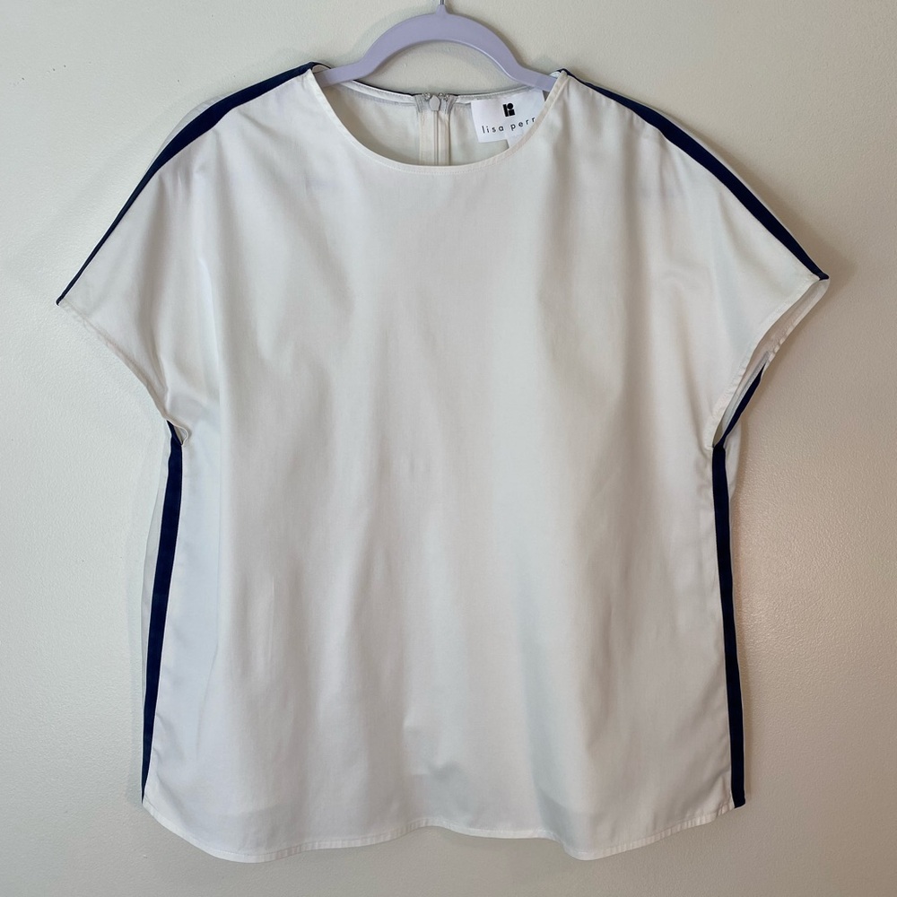 Lisa Perry White Cotton Top Navy Stripe Small